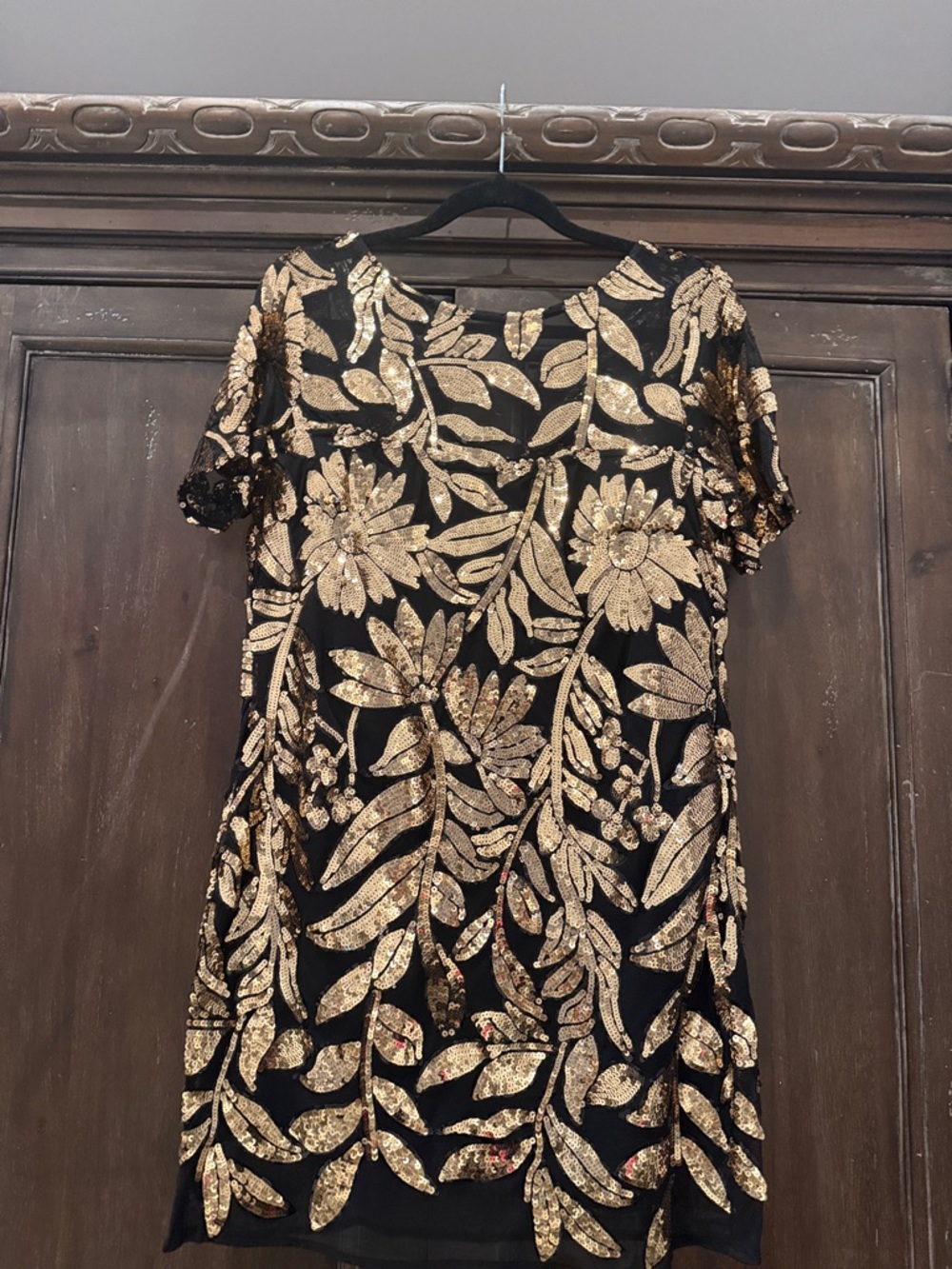 Maeve Black Mini Dress with Gold Floral Sequin Appliqué